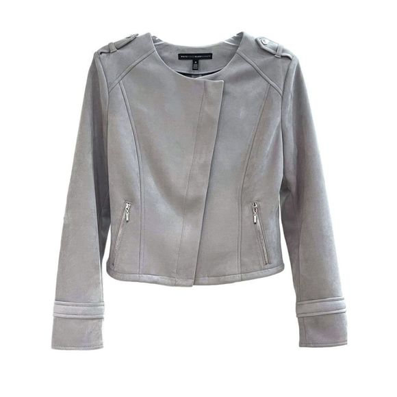 White House Black Market Women's Gray Faux-Suede Moto Jacket Size Medium - Picture 1 of 13